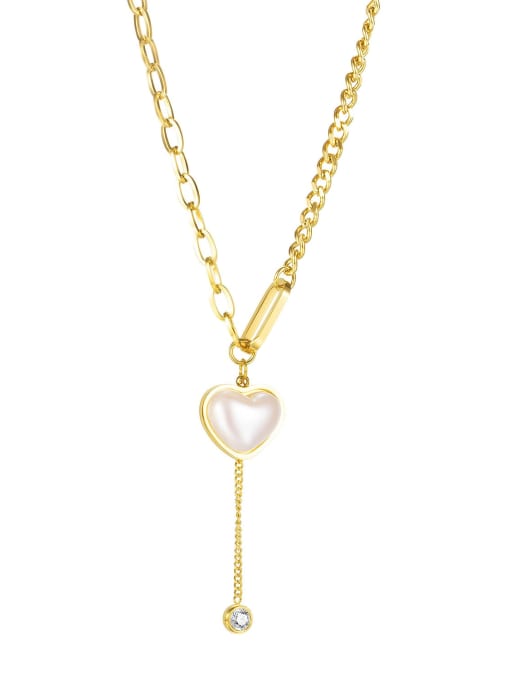 2071 [gold] Titanium Steel Imitation Pearl Heart Minimalist Tassel Necklace